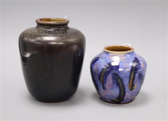 An unusual Royal Doulton oil spot glazed jar, c.1930 after a Chinese model and a Royal Doulton mottled blue and ochre ground jar H. 1